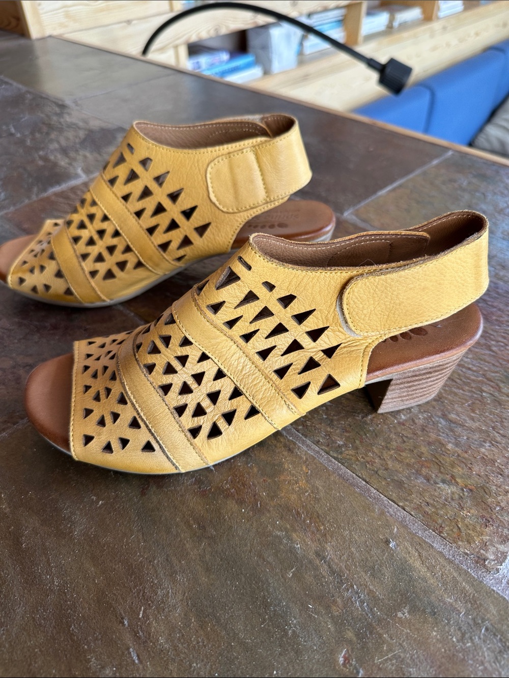 Spring Step Yellow Cutout Leather Block Heel Sandals